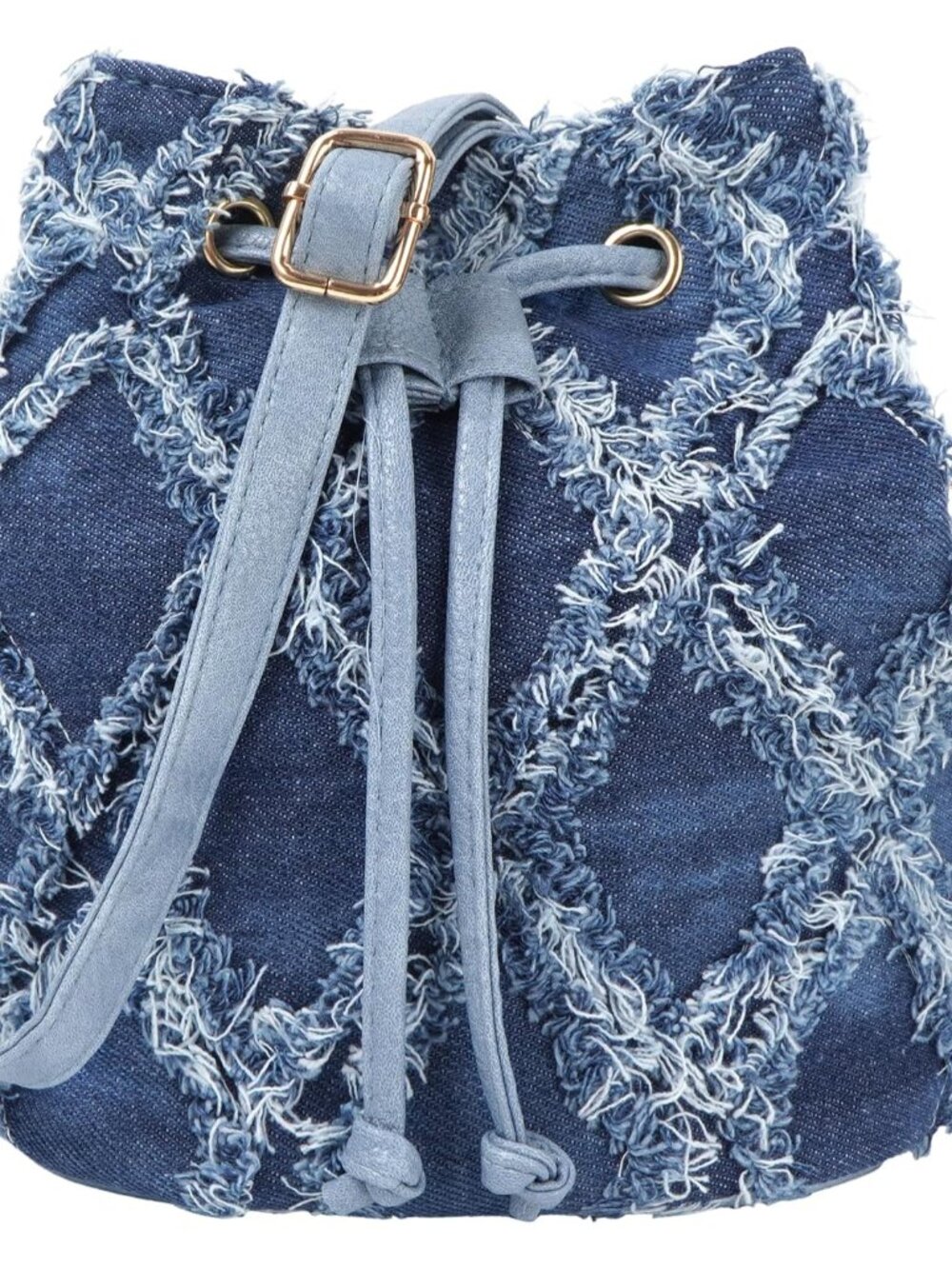 Women Small Distressed Tassel Denim Jean Drawstring Bucket Crossbody Bag Shoulde